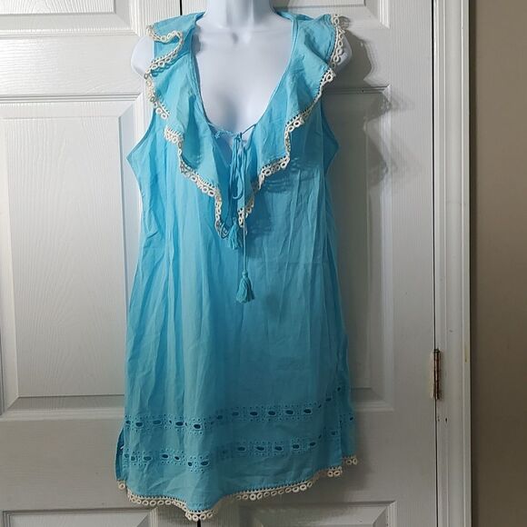 Mud Pie aqua blue eyelet beach coverup  cruise ocean Sz M - Picture 1 of 6